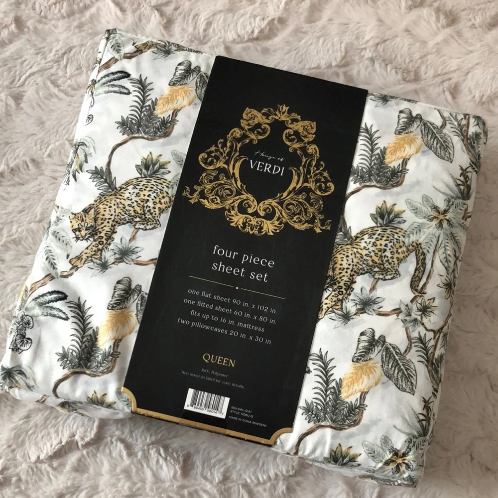 House of Verdi QUEEN Four-Piece Sheet Set with Leopard & Botanical Print